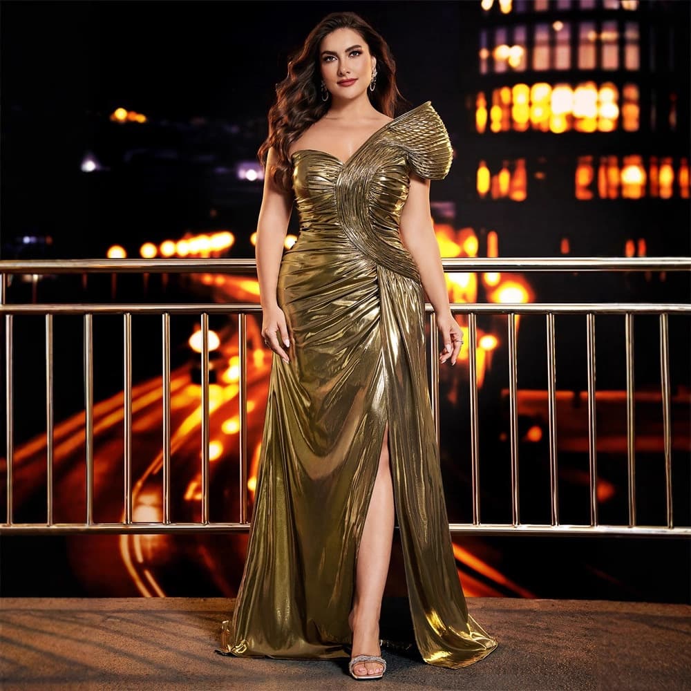 Elegant Plus-Size Evening Gown – Stretch Polyester Formal Dress With Pleated Detail For Banquet & Cocktail Party (0XL-4XL)