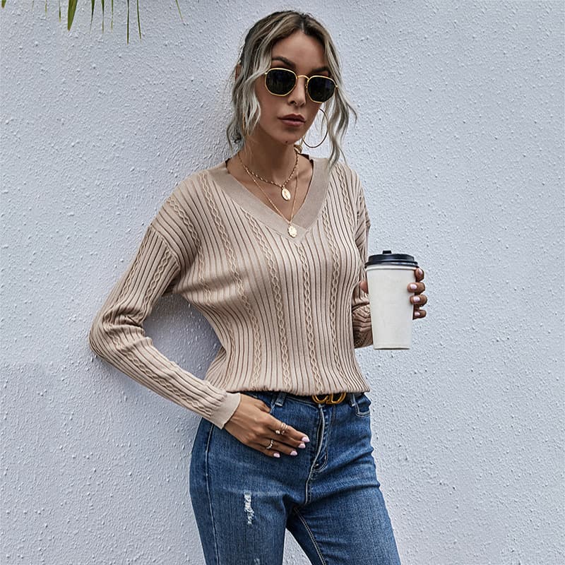 Twisted V-neck knitted forest sweater for womenwomen's clothing