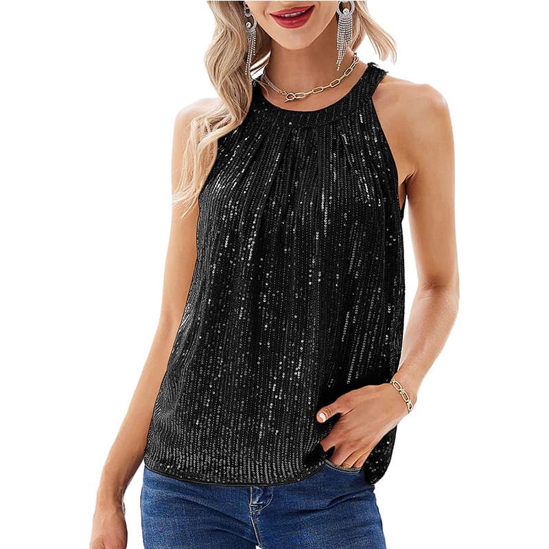 Women's solid color halter style women's sequined micro-elastic suspender sequined vest