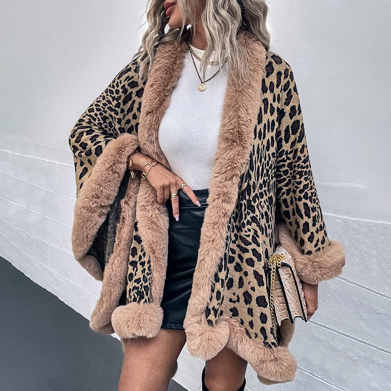 Fur Collar Cape Cardigan Leopard Print Shawl Sweater For Women