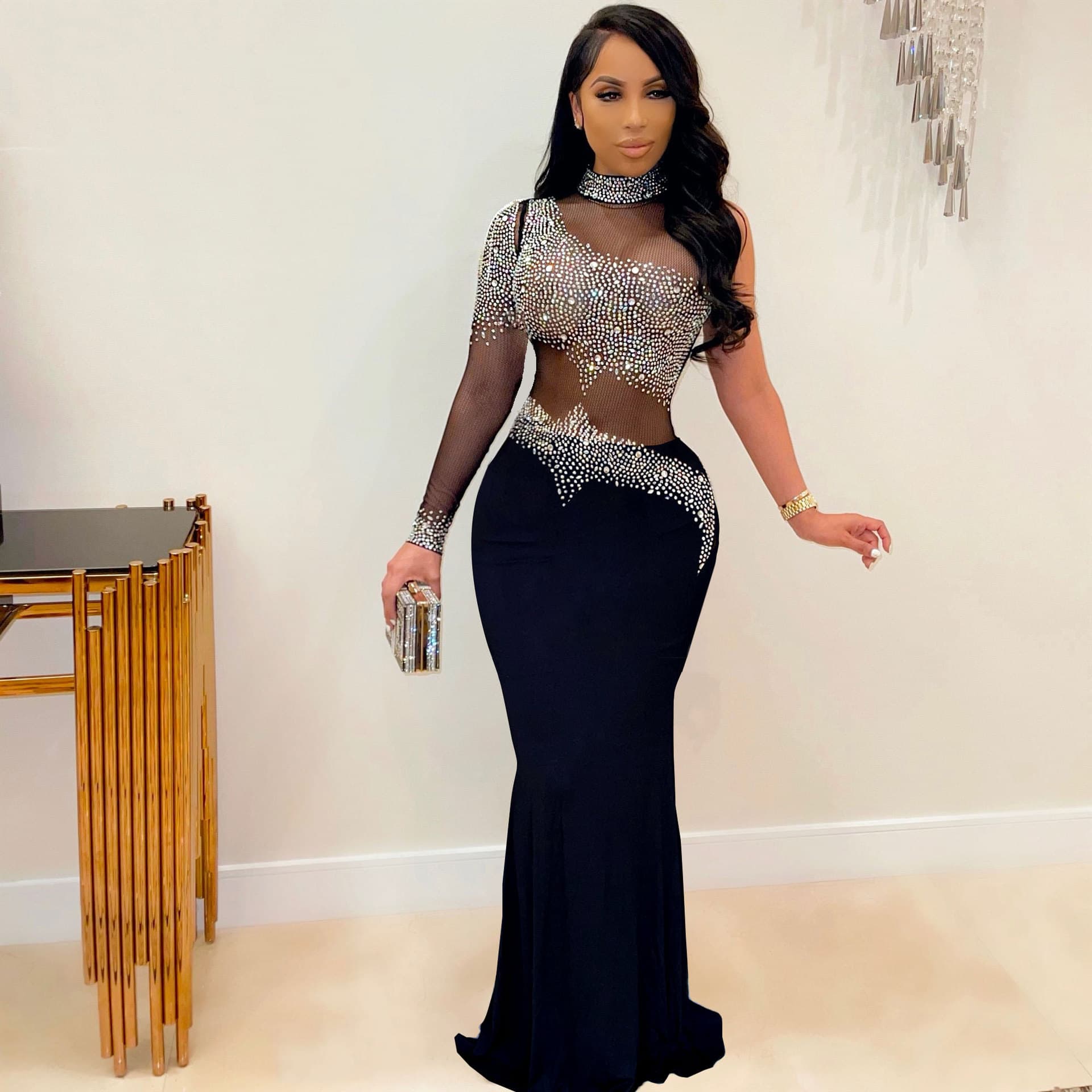 Women's diamond mesh slim dress nightclub dress