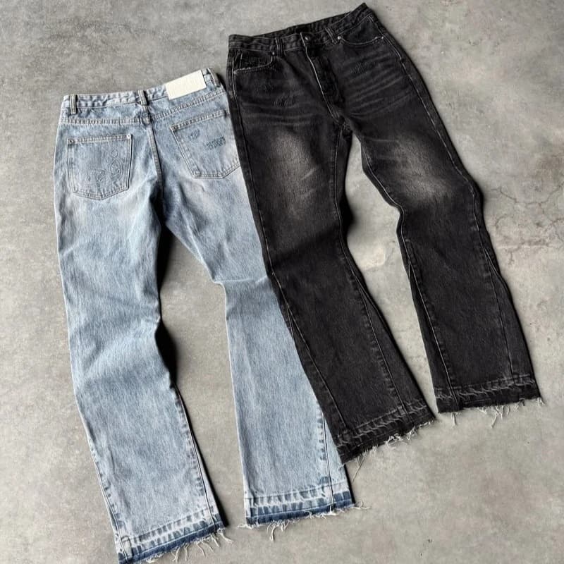 Men's Clothing Retro Washed Distressed Frayed Jeans Loose Flared Pants Hip Hop Casual Streetwear For Men Light Blue Mid Waist Straight Leg
