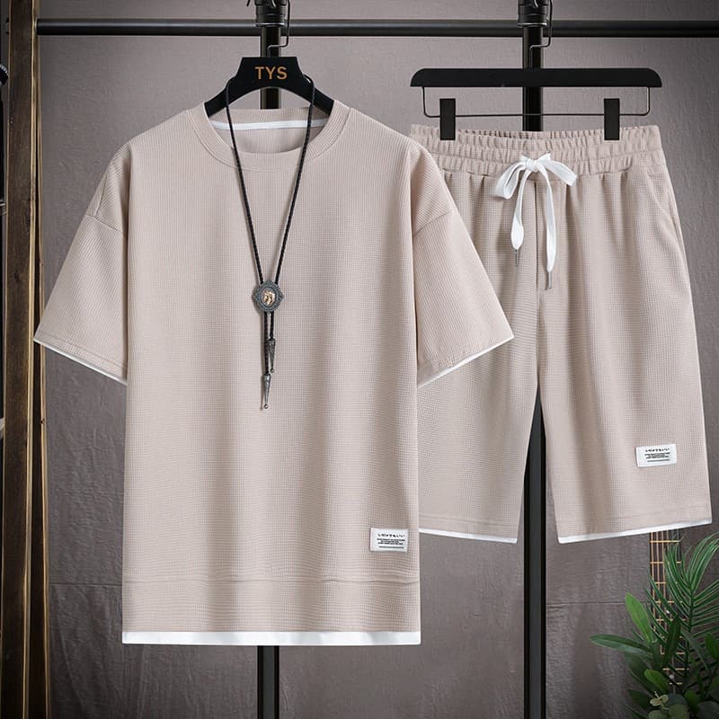 Men's Clothing Waffle T-shirt Men's Two-piece Suit Couple Loose Trendy Large Size Five-point Pants Outdoor Casual
