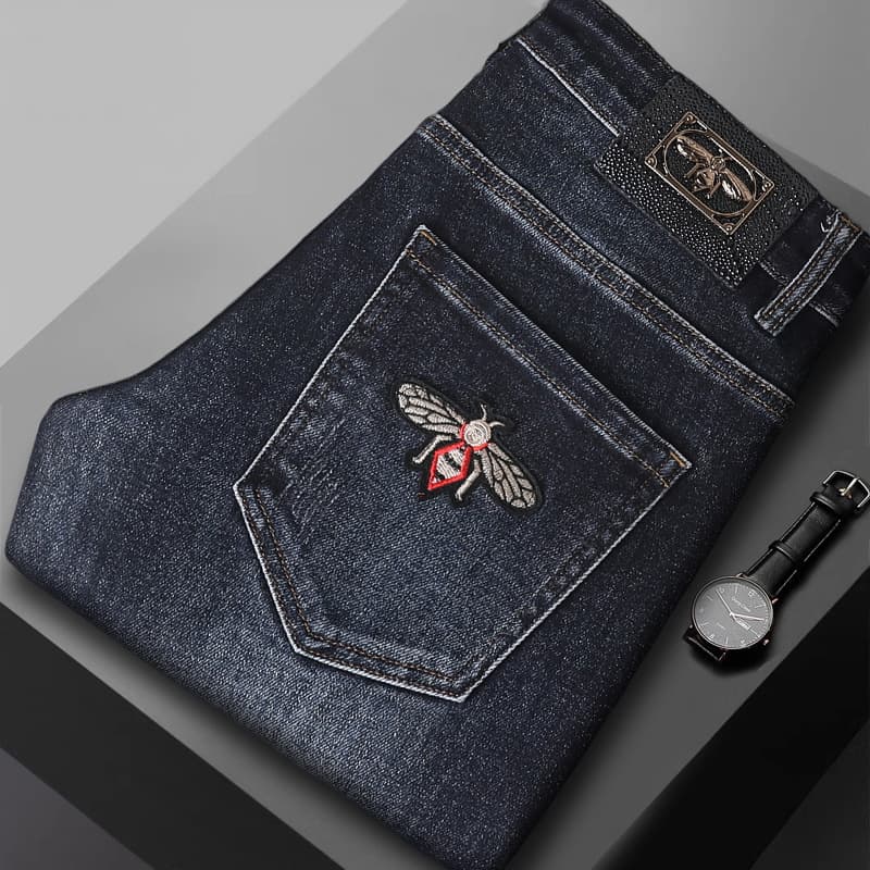 Men's Clothing Jeans Autumn And Winter Elastic Slim Fit Dark Blue Casual Bee Pants