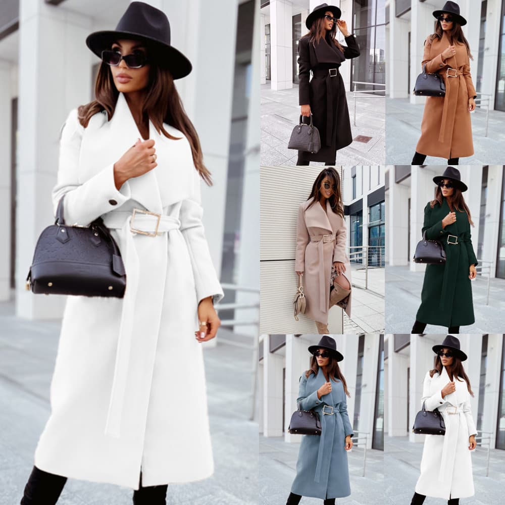 Women's simple long-sleeved button-down V-neck lace woolen coat