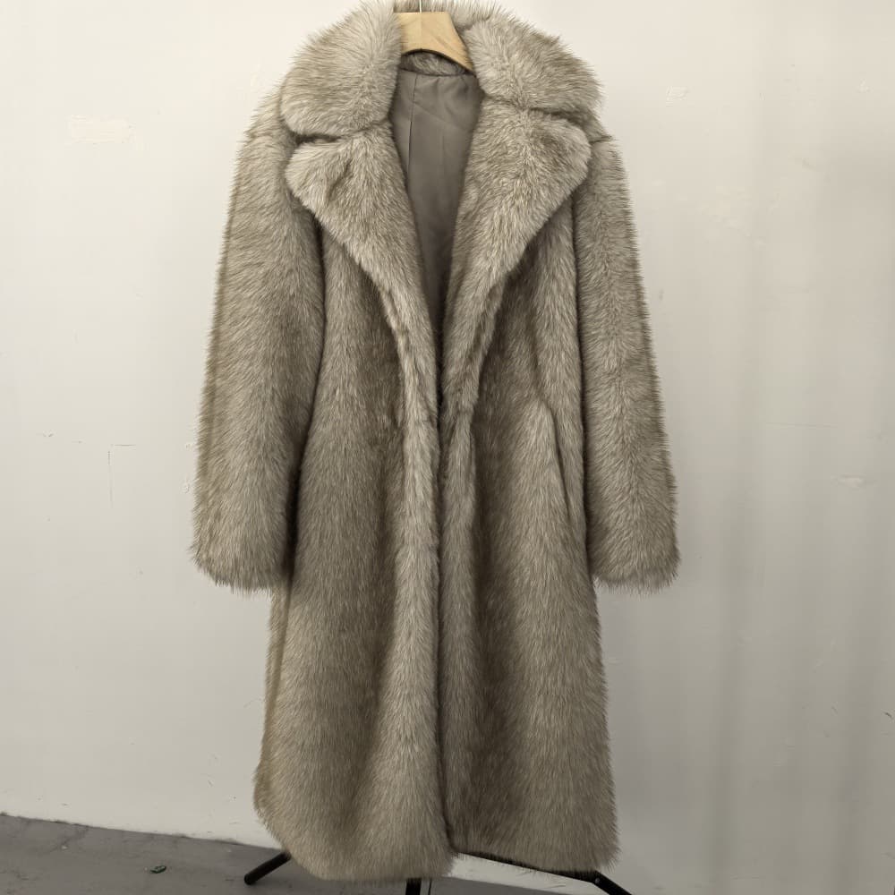 Manteau long en fausse fourrure pour femme, veste élégante, poches à revers crantées, personnalisable, respectueux de l'environnement