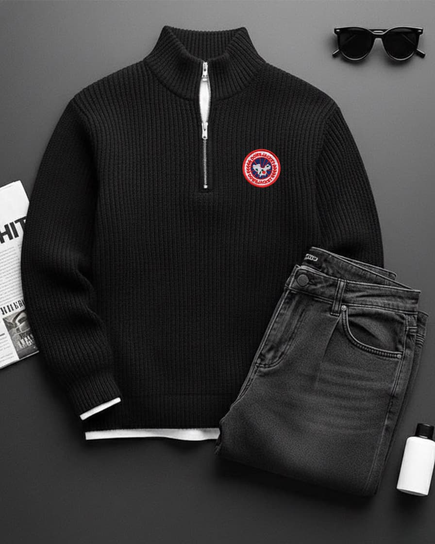 Pull rétro brodé Canada Goose – Pull unisexe à demi-zip avec écusson d'inspiration vintage (S-XXXL) – Coupe décontractée, gris et noir