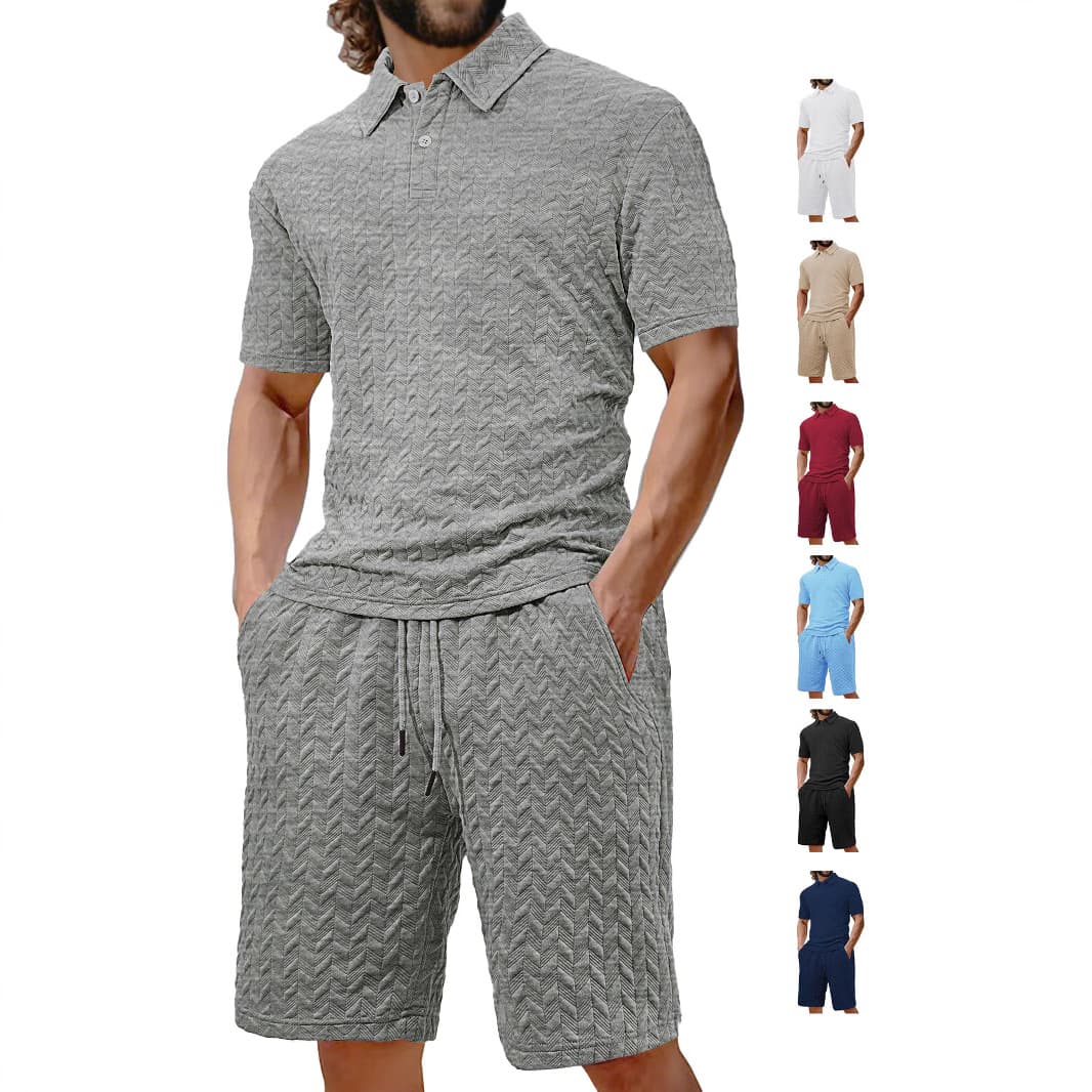 Men's Clothing Men's Summer New Casual Loose Lapel Jacquard Fabric Men's Short Sleeved Polo Shirt Suit