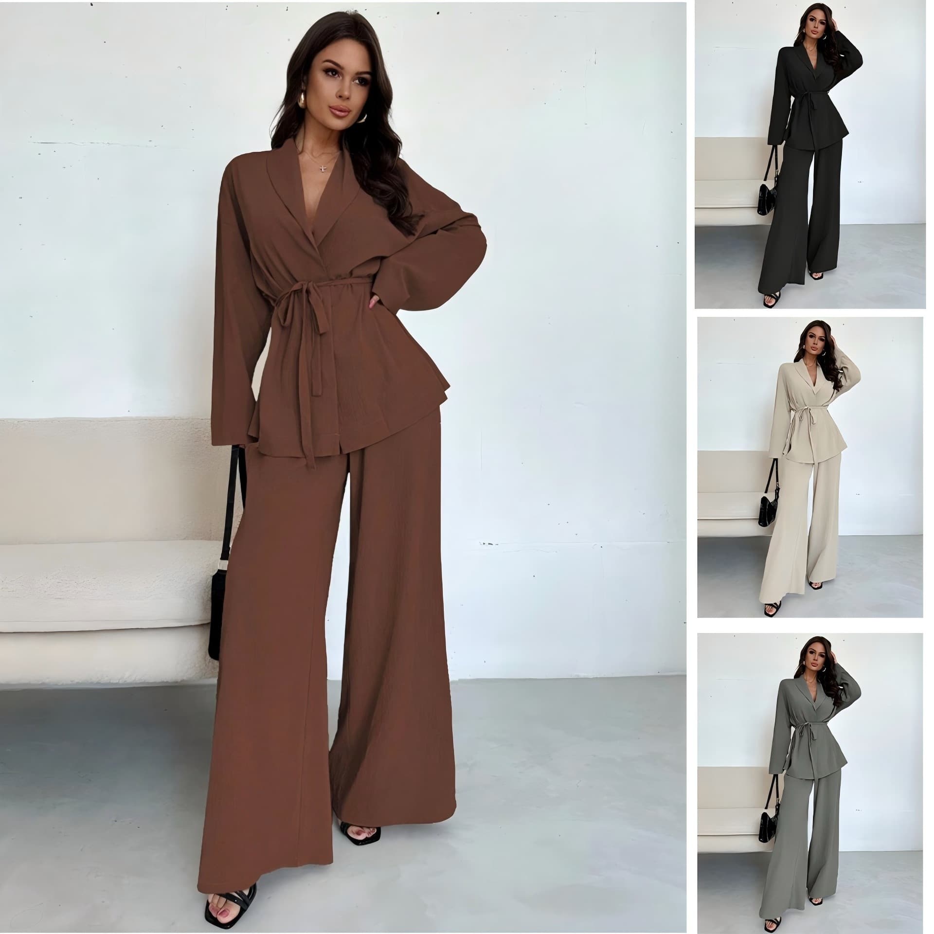 ​​Elegant V-Neck Long Sleeve Top & Wide Leg Pants Set – Women’s Sophisticated Loungewear (S-XXL, Grey/Black/Brown/Beige)​​