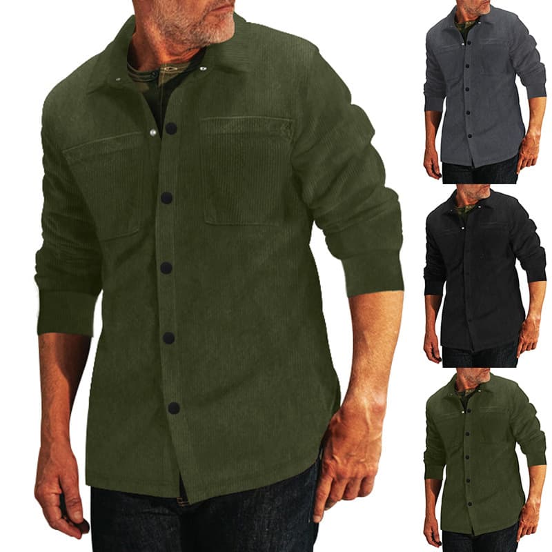 Men's Clothing Shirt Corduroy Long Sleeved Casual Pocket Lapel Shirt Jacket