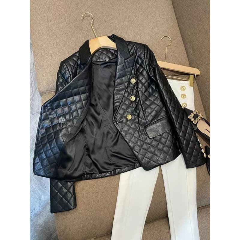 Women's Clothing Black short shoulder pads small casual suit leather jacket suit jacket female pu leather jacket female jacket