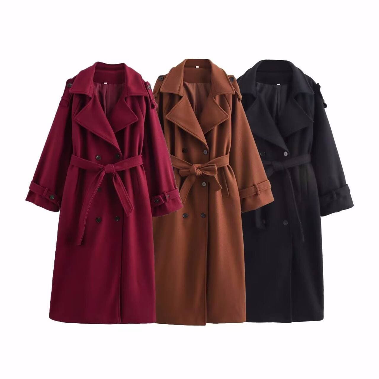 ​​Women’s Classic British-Style Double-Breasted Wool Coat – Autumn/Winter Trench Coat (Burgundy/Caramel/Black, XS-L, Timeless Elegance)​​