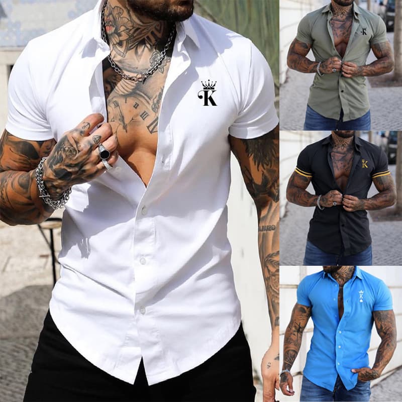Men's Short Sleeved Shirt Fashion Digital Printing Color Matching Casual Slim Short Sleeved Shirt