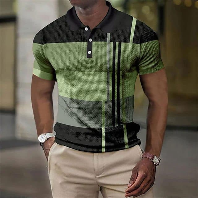 Men's clothing Polo shirt Waffle striped pattern printing pattern Geometric pattern 3D digital printing
