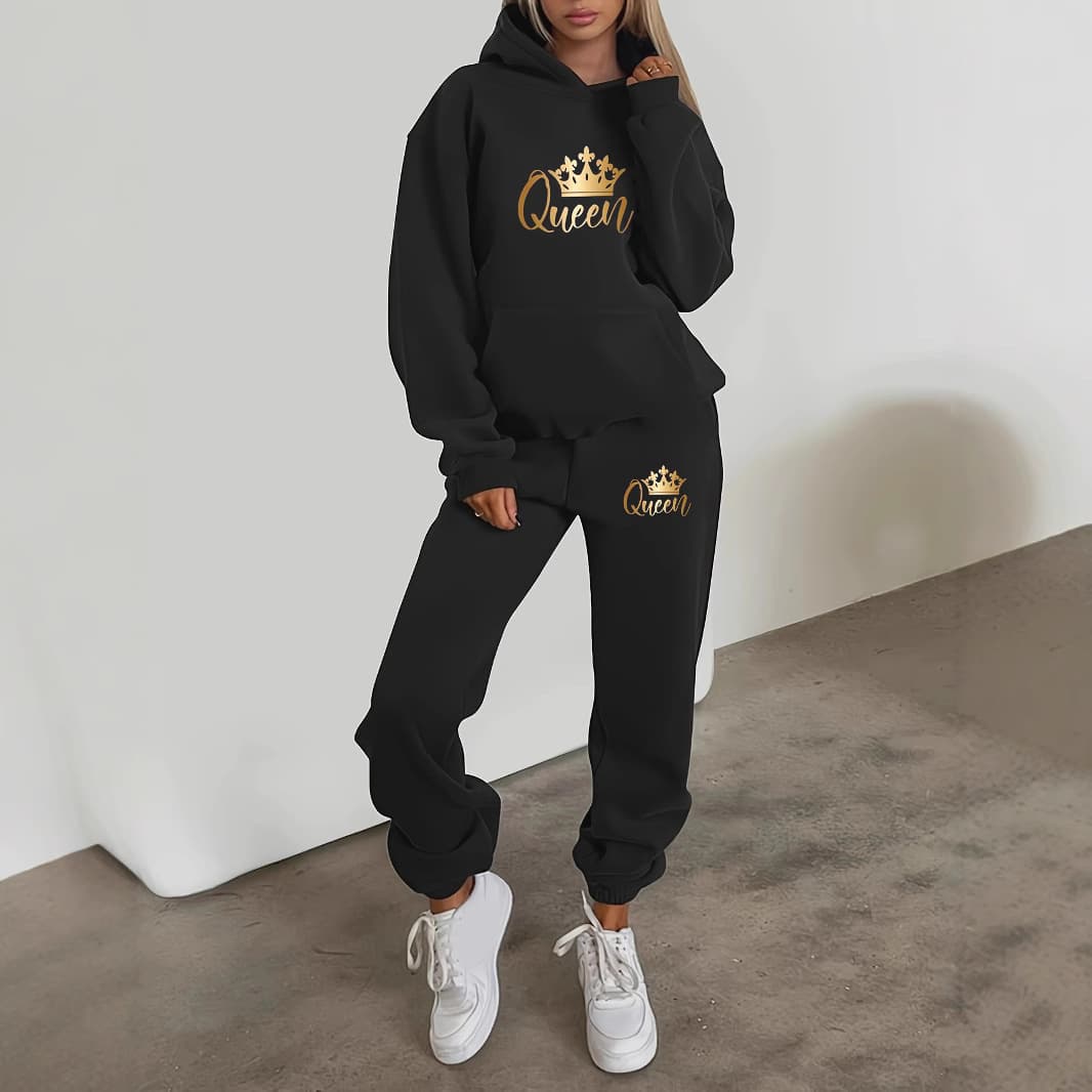 Women's Clothing Casual Sweatshirt Hooded Trousers Suit Autumn And Winter Plus Velvet Popular Letter Printing