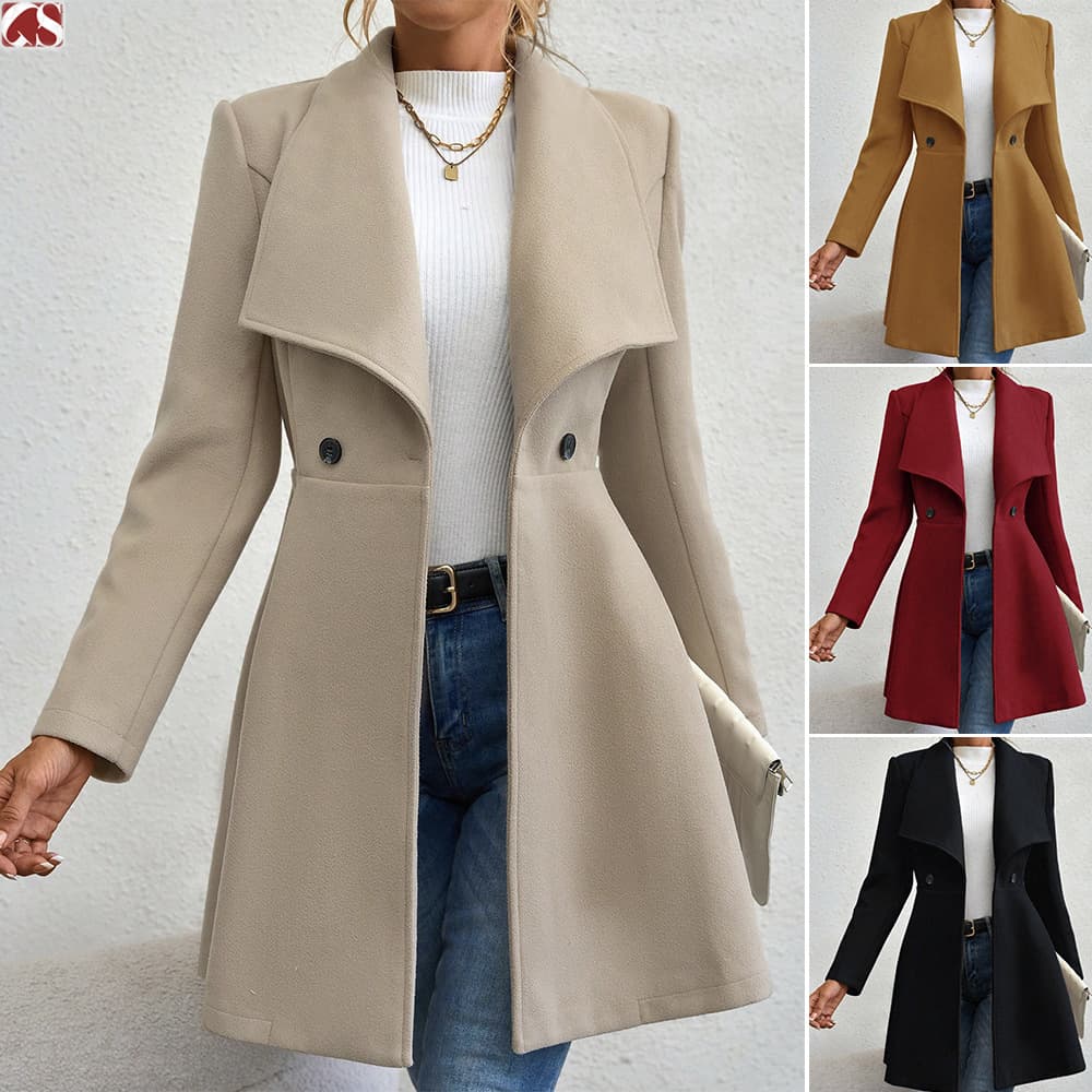 Elegant Long Wool Coat For Women - Slim Fit Winter Trench Coat With Notched Lapel, Warm Polyester Blend Overcoat In Black, Khaki, Camel & Burgundy