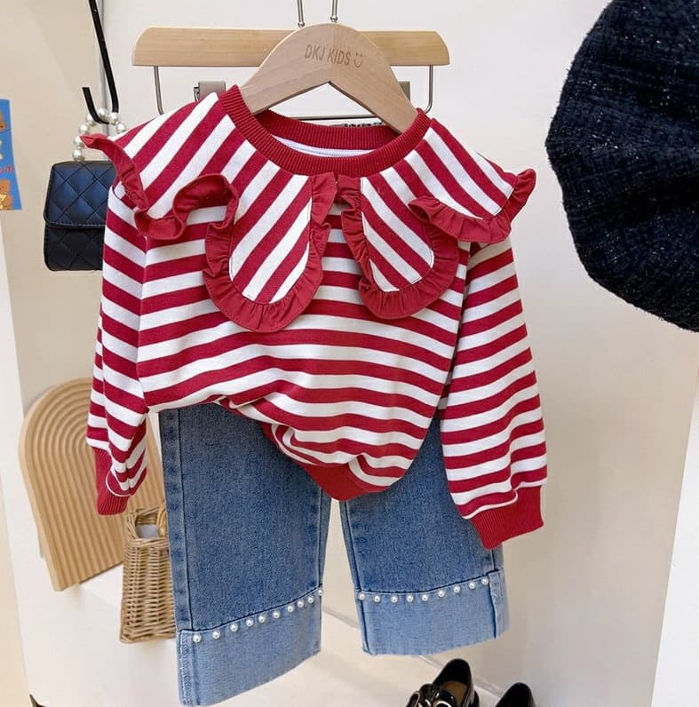 Kids Clothing Striped Lapel Top Sweater Beaded Jeans Two piece Set