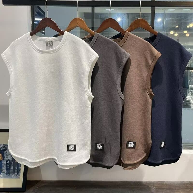 Men's Clothing Retro Sleeveless T Shirt Men's Waistcoat Loose Versatile Solid Color Casual Men Ins Trendy Solid Color Vest Outer Wear