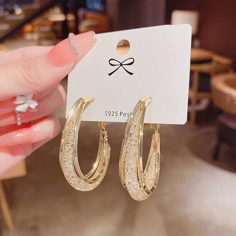 Metal earrings hollow mesh crystal circle earrings High sense earrings fashion temperament micro inlaid female earrings