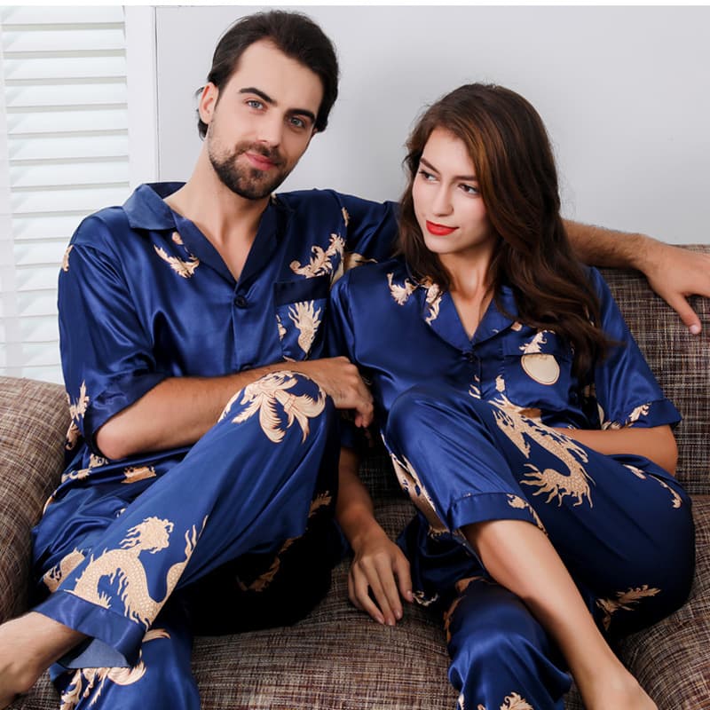 Cross-border summer couple silk pajamas women's thin summer men's suit Chinese style short-sleeved spinning silk home clothes men