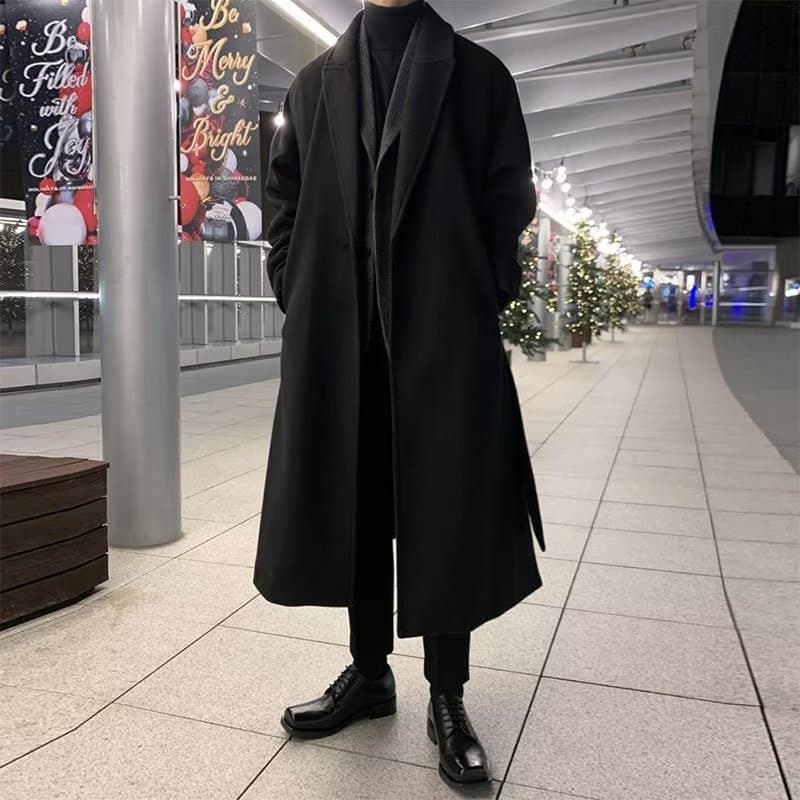 ​​Men's Long Trench Coat – Slim Fit Wool-Blend Overcoat With Notched Lapel (Black/Brown, M-3XL)​​