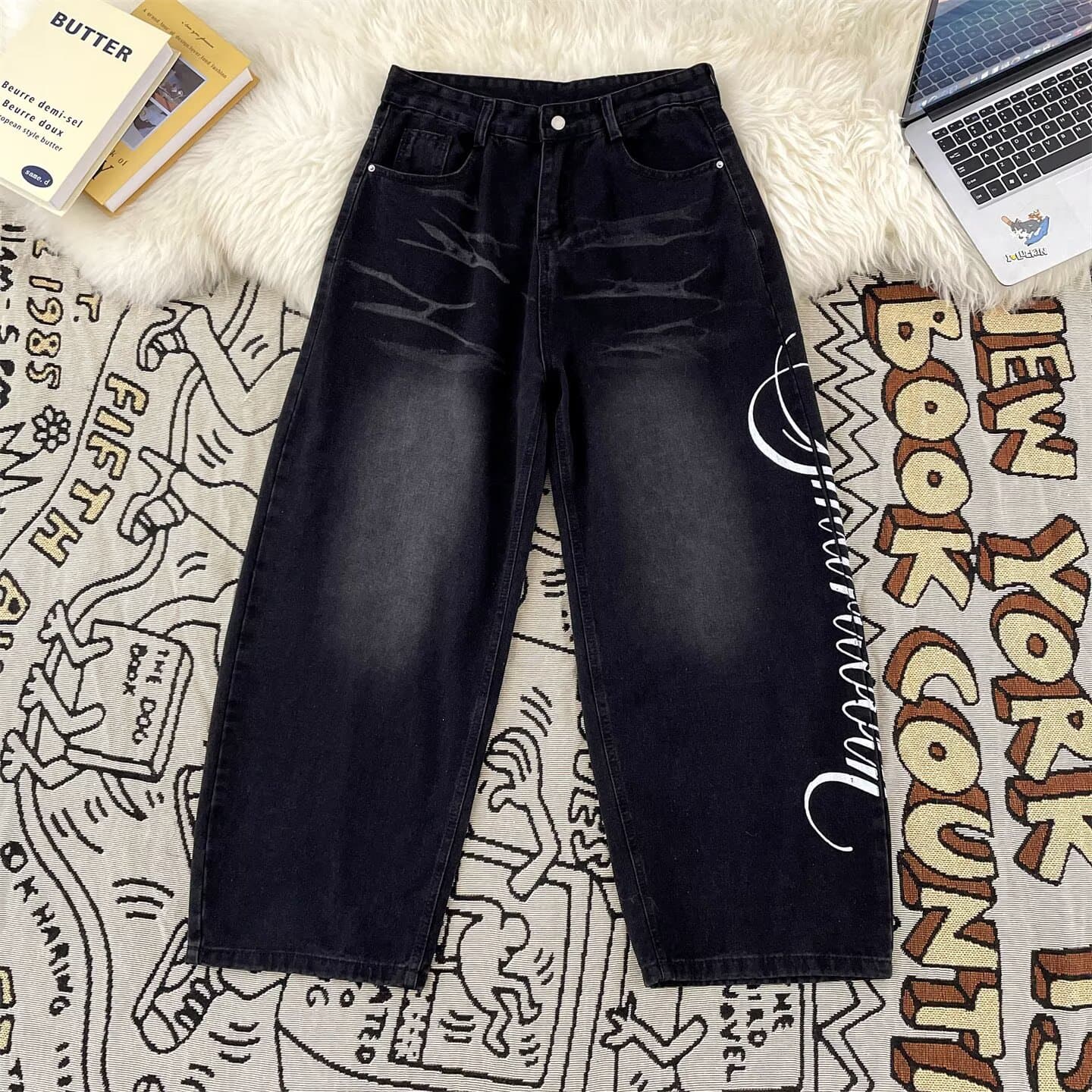 New American Retro Street Style Loose Fit Straight Leg Jeans Men's Clothing Stylish Versatile Letter Print Pants