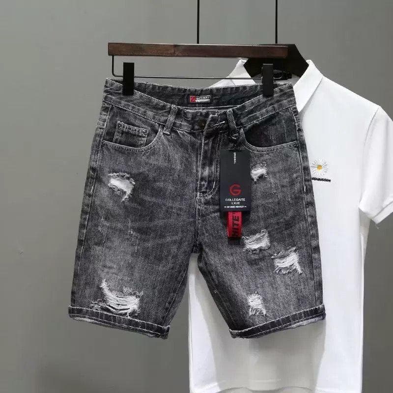 Men's Clothing Summer Thin Gray Ripped Denim Shorts Men's Style Slim Stretch Shorts Trendy Retro Pants