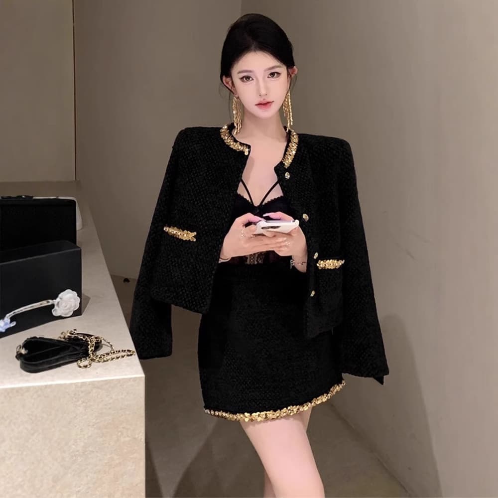 ​Elegant Black Sequin Tweed Suit Set For Women -Inspired Office Blazer & Skirt Outfit With 3D Embroidery, Winter Princess Sleeve Formal Dress​