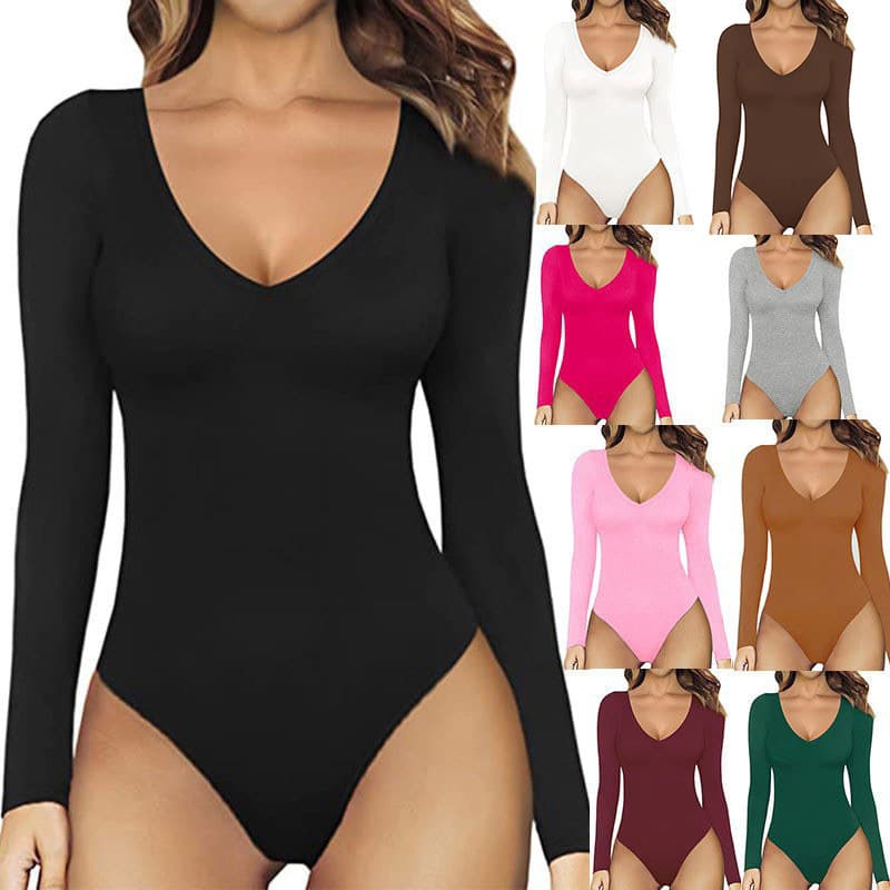 Women's Sexy V-Neck Long Sleeve Jumpsuit - Stretchy High-Waisted Bodysuit For Work & Night Out - Soft Polyester Fabric In 11 Colors
