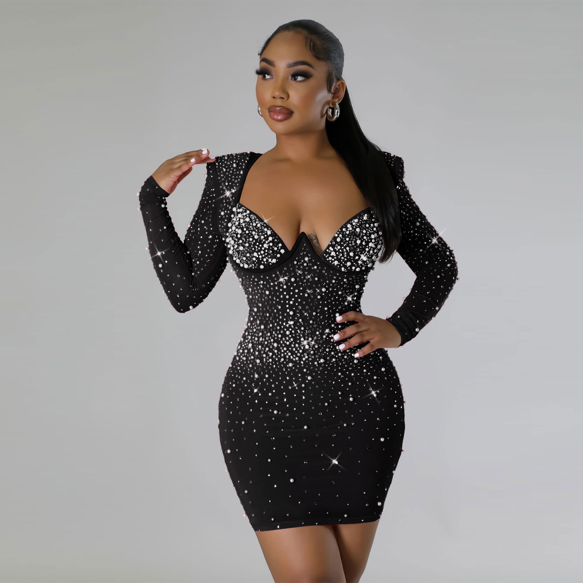 Women's Clothing Sexy Slim Fit Hot Diamond Slim Fit Elastic Hip Long Sleeve Dress