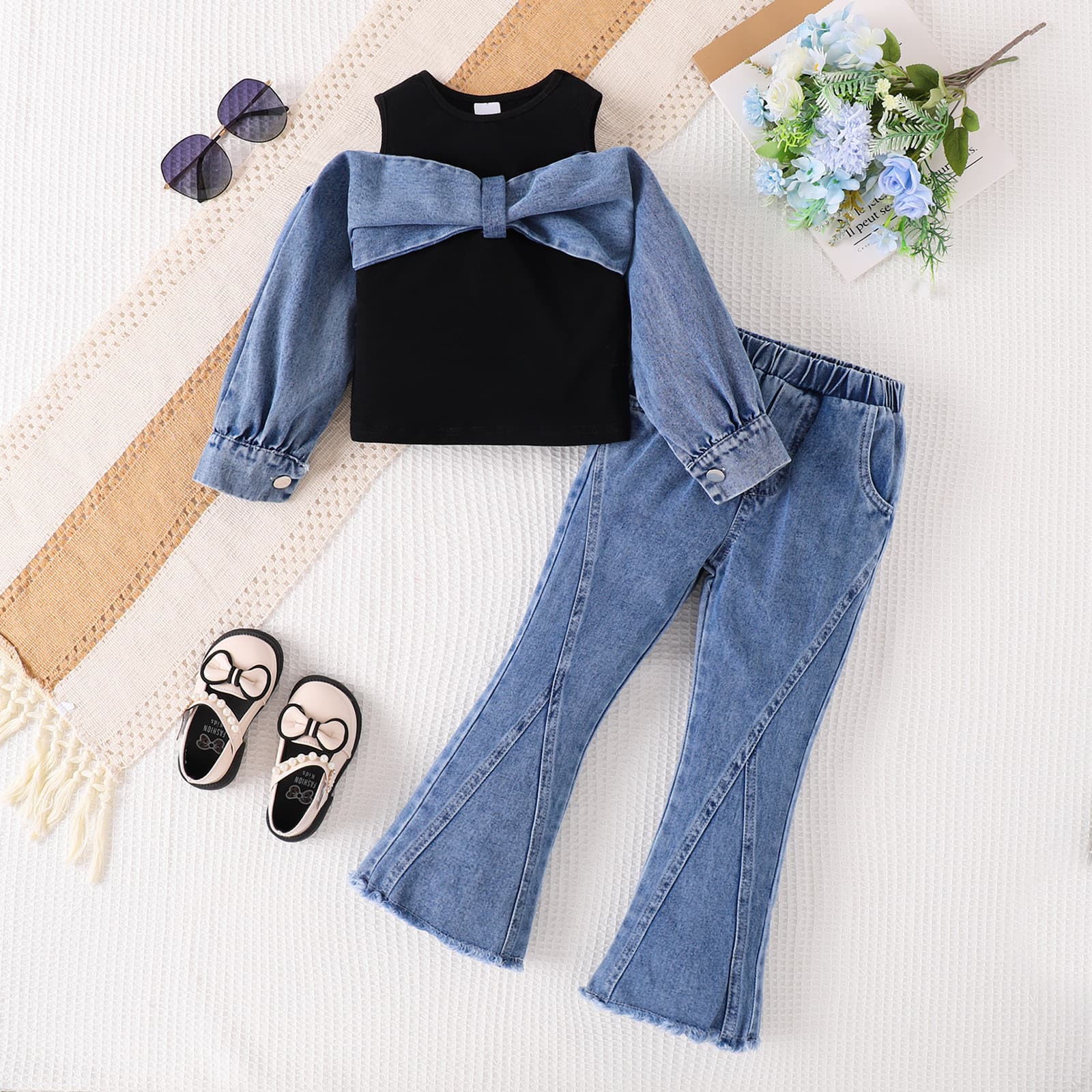 Denim Faux Two Piece Set For Girls Workwear With Flared Denim Pants Toddler Girls Clothing (3-7Y)