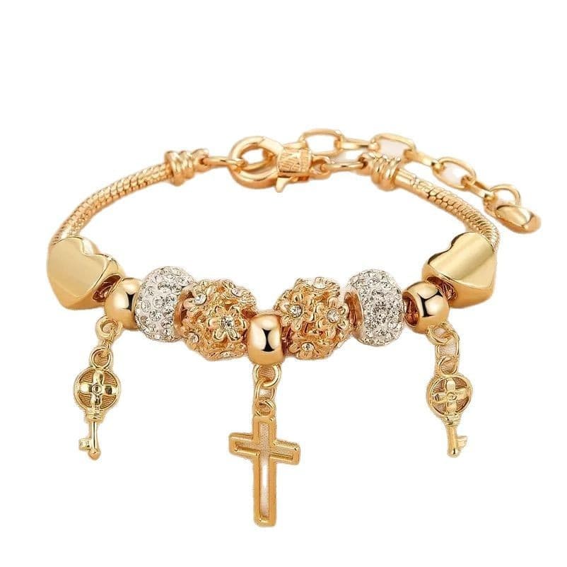 European And American Heart Cross Small Flower Beaded Women's Fashion Key Pendant Bracelet