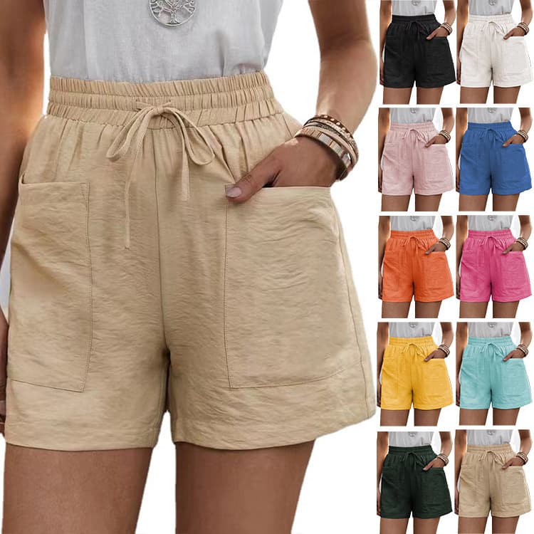 Women's High Waist Casual Fashion Shorts Loose Fit Solid Color Summer Linen Pocket Shorts