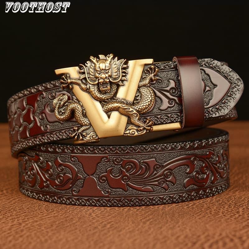 New Male China Dragon Belt Cowskin Genuine Leather Belt For Men Carving Dragon Pattern Automatic Buckle Belt Strap For Jeans B0033