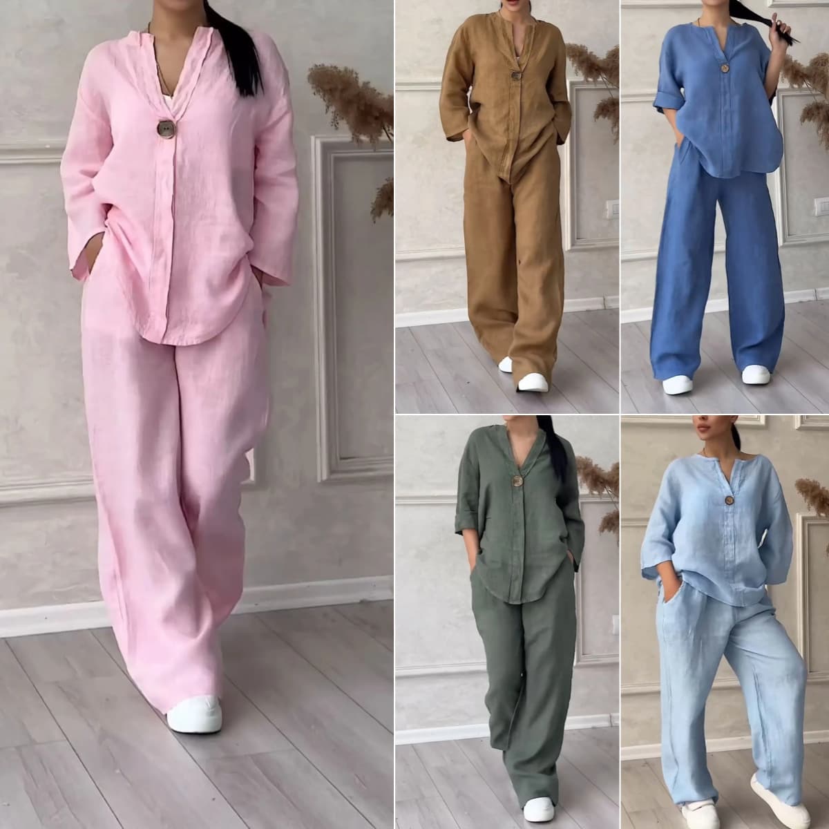 Women's Clothing 2 piece Set Large Size Cotton and Linen Shirt Set High Waist Loose Trousers