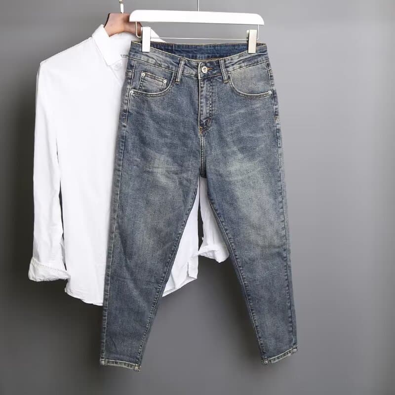 Men's Slim Fit Stretch Denim Jeans - 9/10 Length Straight Leg Casual Pants For Spring Summer - Vintage Wash Blue Jeans With Comfortable