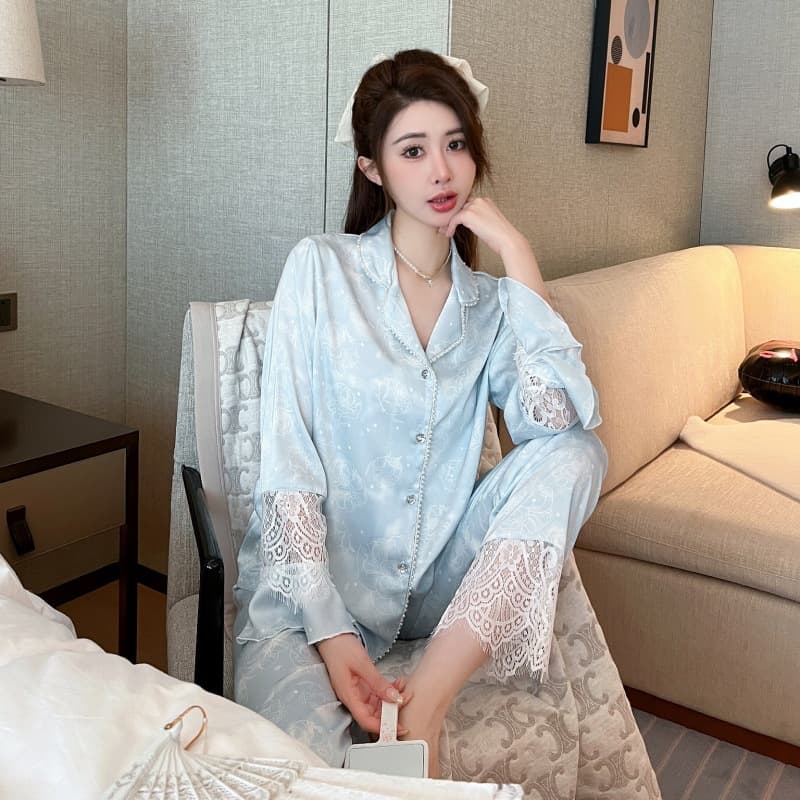 pajamas for women fairy style lace French home wear long-sleeved trousers ice silk suit