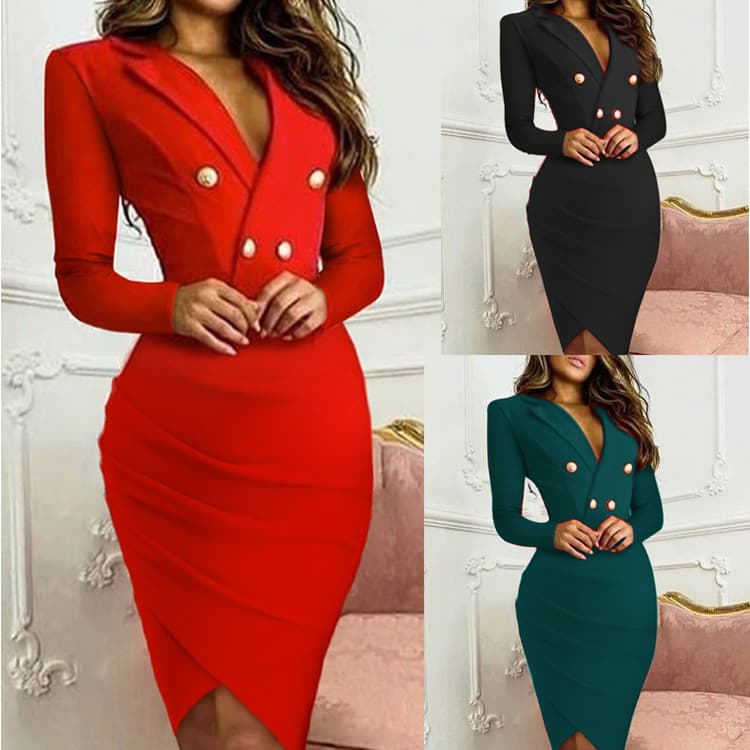 Women's fashion sexy solid color V-neck suit pleated slim-fit wrap buttock dress