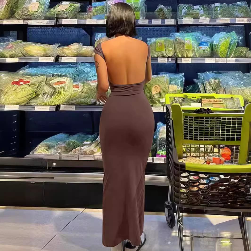 2024 Women's Sexy Backless Slim Fit Waist Bag And Buttocks Gathering Long Dress