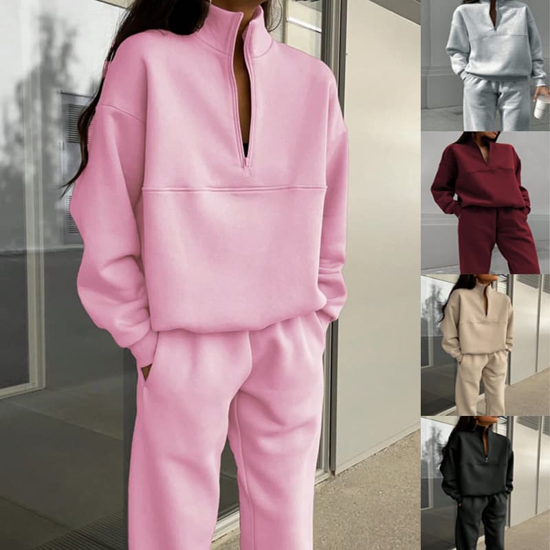 Women's Clothing autumn and winter new fashion zipper lapel solid color casual two piece suit
