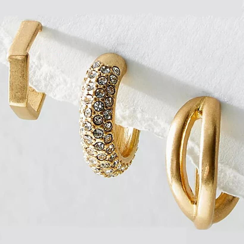 fashion hot-selling gold personality female diamond geometric C- shaped cross ear clip earrings 3 pieces set