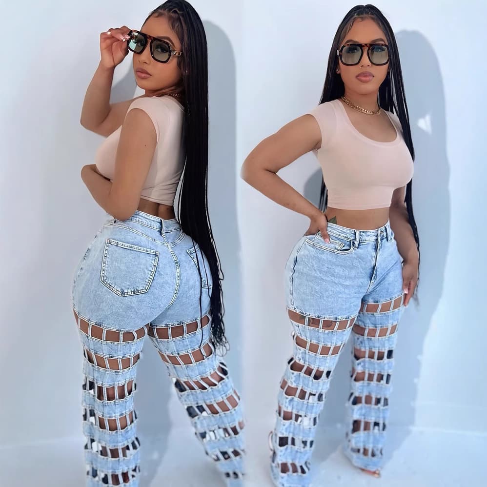 Women’s High-Waisted Distressed Jeans – Ripped Straight-Leg Denim Pants (S-2XL, Classic Blue)