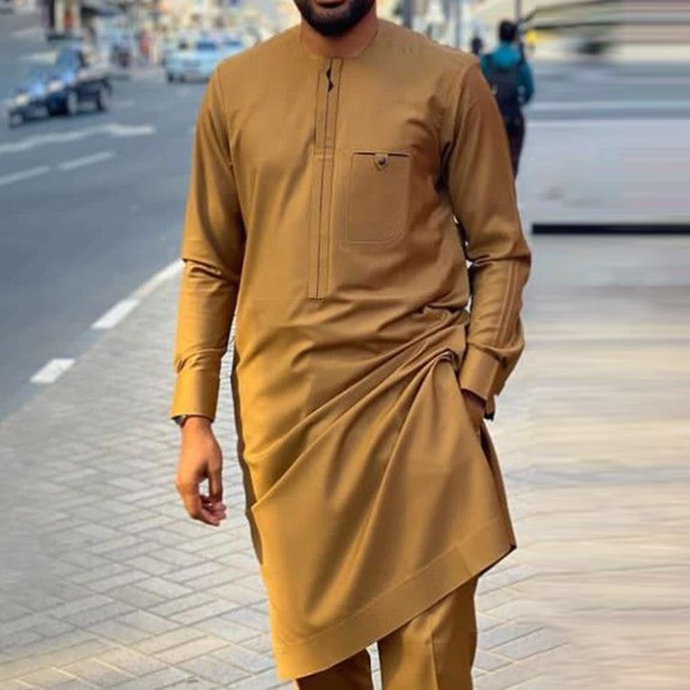 Men's moslem new four-season youth stand-up collar slim fit brown plain spring and autumn ready-made casual shirt 1273064