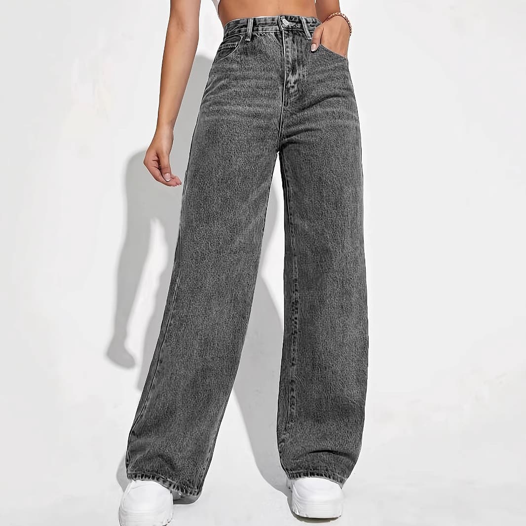 Vintage Washed Straight Leg Jeans For Women - Comfortable Cotton Denim Pants With Mid-Rise Waist & Classic Styling