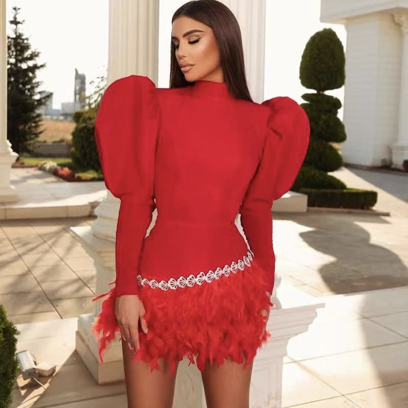 Women's Clothing Personalized Feather Long Sleeve Bandage Dresses