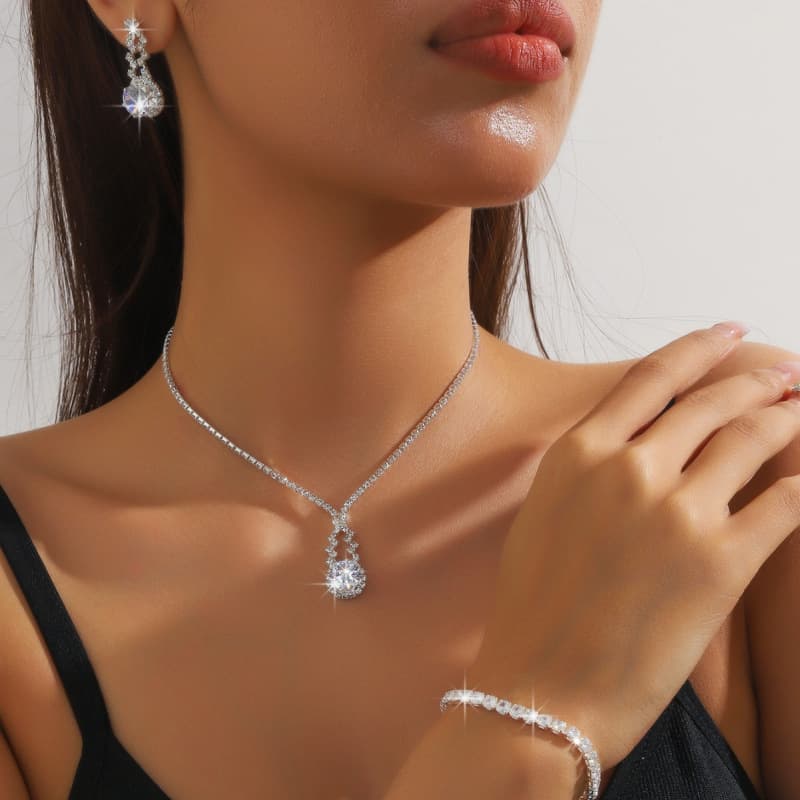 bridal set three piece necklace earrings grab chain rhinestone jewelry banquet jewelry set