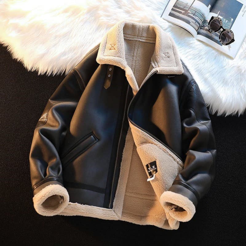 Leather And Integrated Deer Fur Men's Plush Thickened Motorcycle Suit, Winter Trendy Brand Loose Jacket, Lamb Cashmere