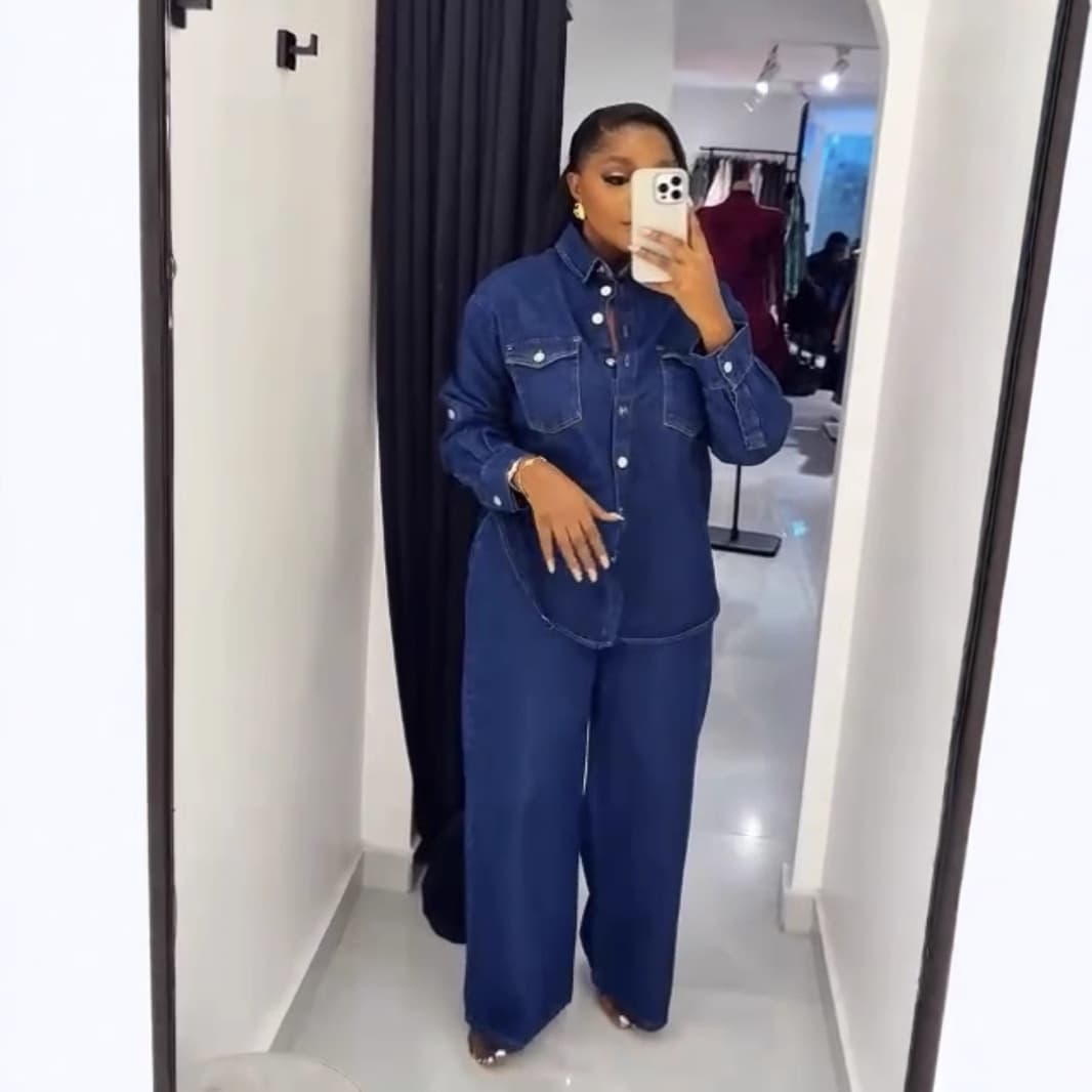 Women's Clothing Casual Denim Shirt & Pants Set - Comfortable Long Sleeve Button-Up Top With Straight Leg Trousers, Blue Cotton Blend, Relaxed Fit