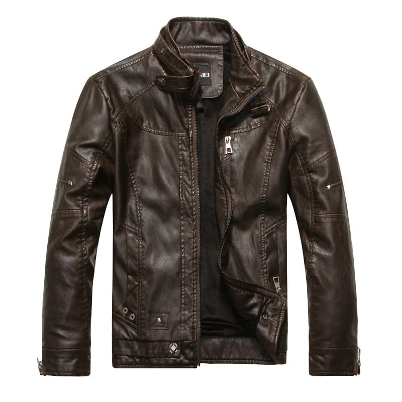 Men's motorcycle style with distressed washed leather jacket stand up collar and plush for men