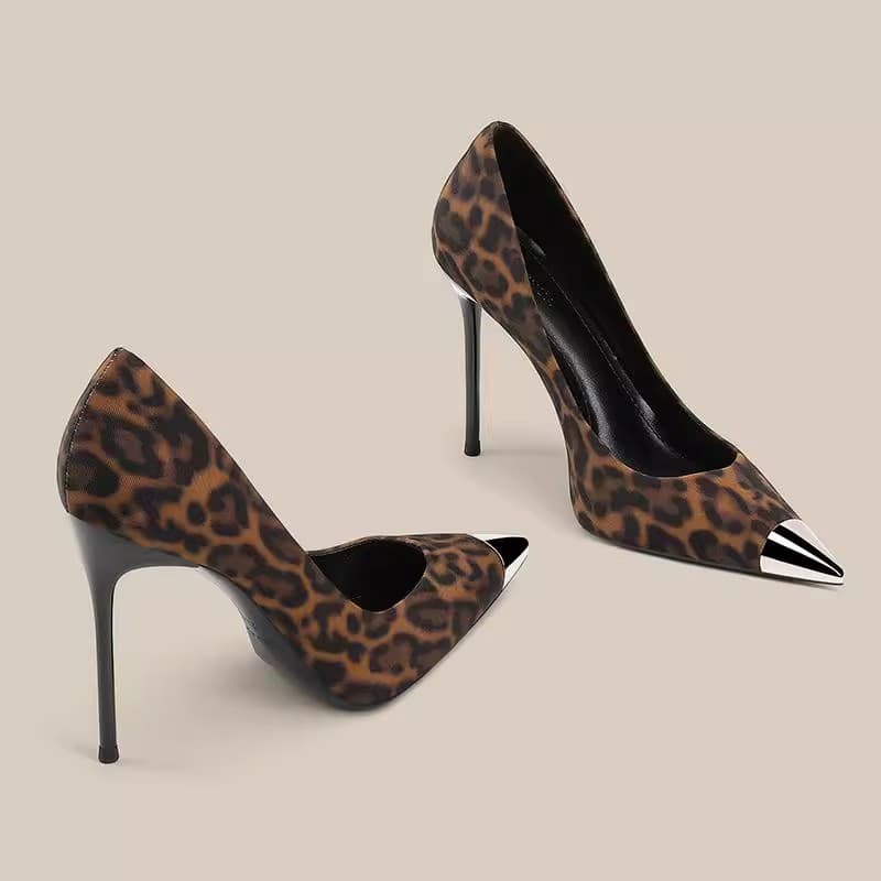 Fashionable Metal-Toe Leopard Print Stiletto Heels - Pointed Toe High Heel Pumps For Women (8cm/10cm)